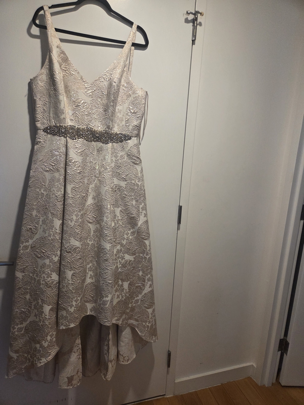 Cachet Ivory and Champagne High-Low V-Neck Dress with Beaded Waist
